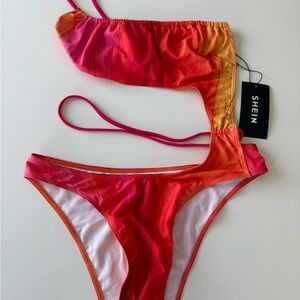 SHEIN Pink to Orange Ombre One-Shoulder Bikini Set